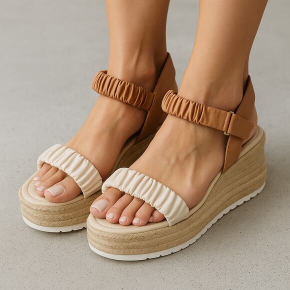Dolce Vita Mizza Tan & White Ruched Strap Espadrille Platform Sandals Size 8.5 - Picture 1 of 7